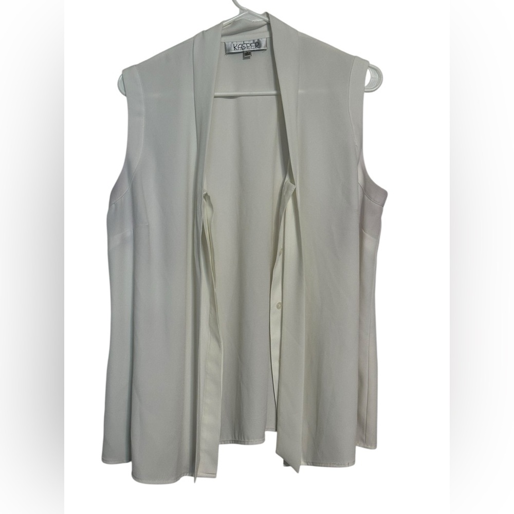 Kasper Ivory Sleeveless Tie Neck Blouse Size Large Button Front Top